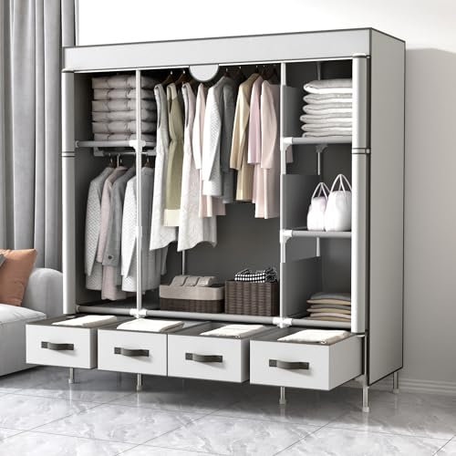 Anmas Power Kleiderschrank aus Stoff mit Schubladen – 150 x 45 x 170 cm – Grau/Weiß, hell – montierter Kleiderschrank im Schlafzimmer,