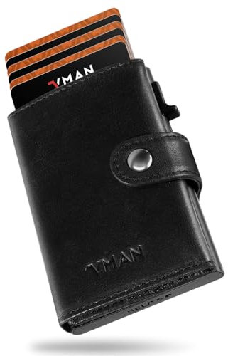 VMAN Echtleder Slim Wallet mit Münzfach | Smart Wallet aus Vollnarbenleder | Geldbörse Herren RFID-Schutz | Portmonee Geldbeutel | Kartenetui Kreditkartenetui für 10+ Karten | Seidenschwarz