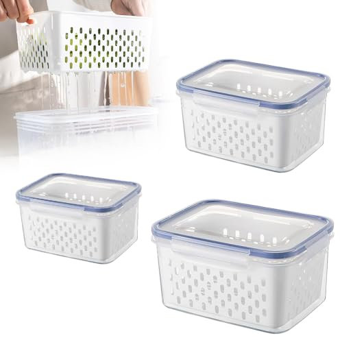 KBIBCK Lot de 3 Boîtes de Conservation, Boîte De Conservation Légumes, Organisateur de Réfrigérateur avec Couvercle et Passoire, Avec égouttoir, Récipient Conservation Salade pour Légume Frui