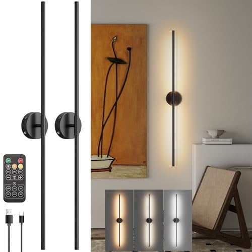 Klighten 2 Stück 6W LED Akku Kabellose Wandlampe Dimmbar und Timer Funktion, 100m Schwarz Wandleuchte Wiederaufladba mit Fernsteuerung, für Schlafzimmer Wohnzimmer Treppenhaus, 3000K/4000K/6000K