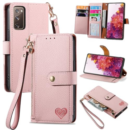 VEEMOS Zipper Wallet Case for Samsung Galaxy S20 FE 4G 5G Phone Case with Purse Card Holders RFID Blocking Leather Flip Case Book Cover Wrist Strap Women - Pink