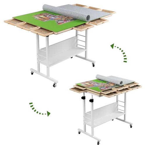 Tektalk Puzzle Table with Folding Table Top, Height Adjustment, Puzzle Board with 2 Felt Covers and 8 Sorting Trays, Enclosed with 4 Roller Wheels, for up to 2000 Puzzle Pieces (Green)