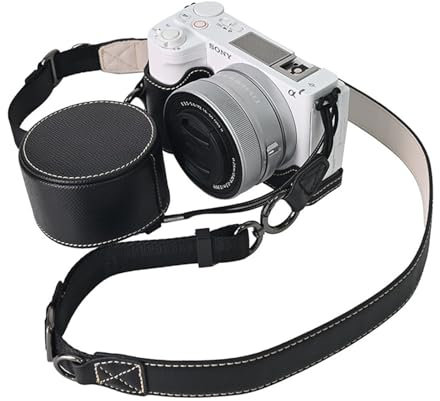 VOVMOEYA Protective Camera Case Kit for Sony ZV-E10 II Mirrorless Camera,for Sony ZVE10II Half Case ZV-E10II Camera Cover with 16-50MM Front Lens Cap with Shoulder Strap-Black