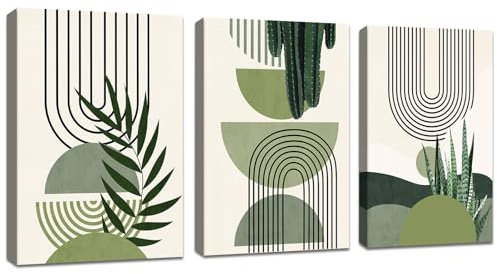 3Pcs Boho Blätter Leinwandbilder Bilder Set mit Rahmen Aesthetic Grüne Pflanze Bilder Moderne Wandbilder Schlafzimmer Bild Auf Leinwand Kunstdruck Deko für Wohnzimmer fertig zum Aufhängen 50x70cmx3
