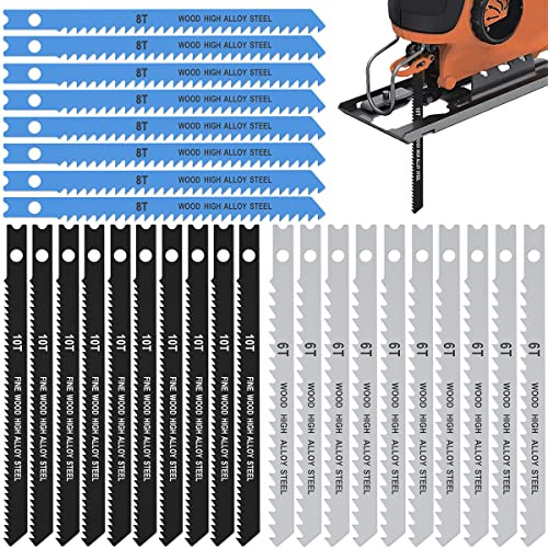 25pcs Assorted U Shank Jigsaw Blade Set 6T 8T 10T, Made with HCS, Assorted Saw Blades for Wood Plastic Metal Cutting