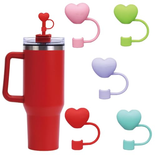Heart Straw Covers Cap For Stanley Cup Valentine’s Day Straw Covers Stanley Straw Cover 10mm Silicone Straw Toppers For Stanley Cups Colorful Heart Stanley Straw Toppers Stanley Cup Accessories 5Pcs