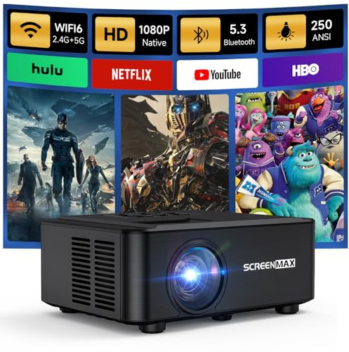 Projector, Projector with WiFi 6 and Bluetooth 5.3, 1080P HD Bluetooth Projector, 12000LM Portable Projector, 50% Zoom, Movie Projector for TV Stick/Smartphone/HDMI/USB, Indoor & Outdoor Use (Black)