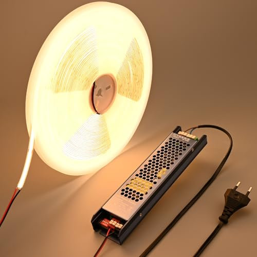 BENLUN 24V IC COB LED Streifen 20M, LED Strip 3000K Warmweiß Selbstklebend, LED Band 8W/M CRI 90+ mit Netzteil für Zimmer Dekoration, Akustikpaneele Beleuchtung, Küchenbeleuchtung