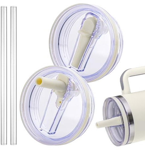 Replacement Lid for Stanley 40 oz and 64 oz Tumbler.Leak proof Flip Straw Lid Fit Stanley Cup Quencher H2.0 40 oz/64 oz and Stanley ProTour 40oz/64oz Tumbler.(Cream,2-Pack)