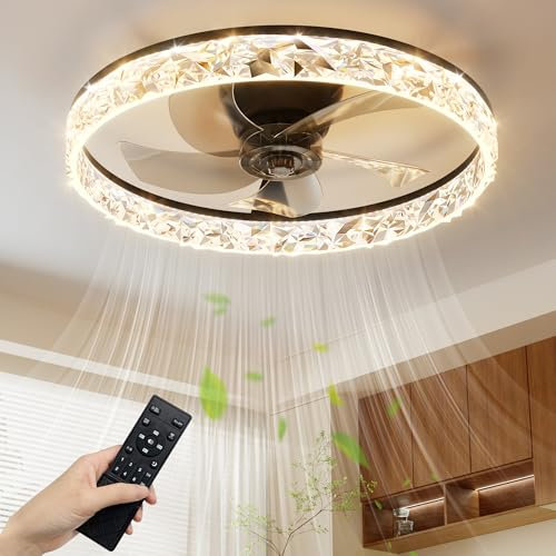 NIORSUN 60CM LED Ceiling Fan with Lights and APP Remote, 3000K/4500K/6000K Stepless Dimmable Low Profile Ceiling Fan, Flush Mount Ceiling Fan,6 Speeds Ceiling Fan Light for Bedroom Living Room(Black)
