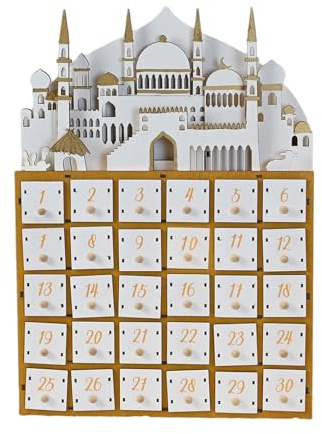 Holz Ramadans Adventskalender mit LED-Licht und 30 kleinen Schubladen Countdown für Eid Festivals Party Dekoration Holz Advent
