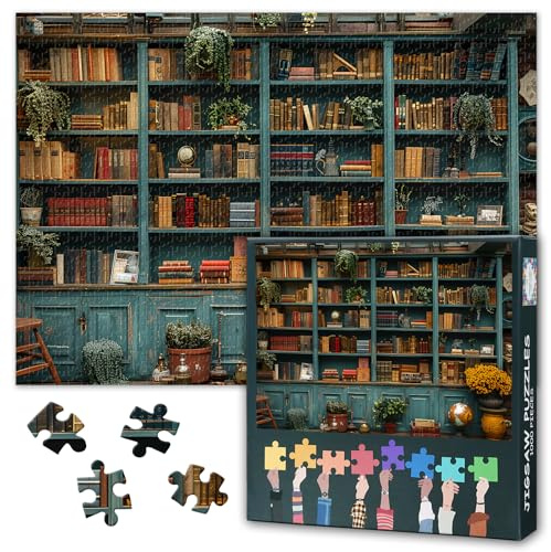 Blaues Bücherregal Puzzle 1000 Teile - Gefüllt mit Büchern, 50x70 cm Dekoratives Büchermotiv, Leseratten & Erwachsene