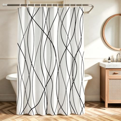 Lerores Duschvorhang 180x200 cm Schwarze Geometrie, Beschwerter Saum Antischimmel, Wasserabweisend, Waschbar Polyester Badevorhänge mit 12 Ösen und Duschvorhangringen für Badezimmer, Badewanne