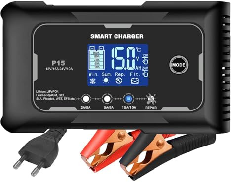 Haisito Chargeur de batterie de voiture 15 A/10 A, 12 V/24 V, convient pour les motos, tondeuses à gazon, bateaux, etc.