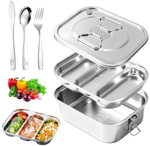 Premium Bento-Box aus Edelstahl 304 Auslaufsicher Brotdose, 1800ml Lunchbox Edelstahl Tablett mit 3 Fächern, Dichtring, einschließlich Geschirr Bento Box BPA-frei Brotdose Metall für Erwachsene Kinder