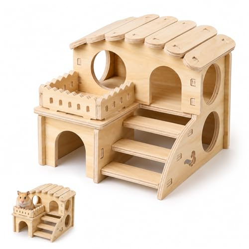 Guinea Pig House, Wooden Hamster Hide with Stairs, Hamster Platforms with Two Floors, Bunny Castle for Kids, Pet Owners, Hamsters Accessories for Hamsters, Gerbils, Mice, Small Animals