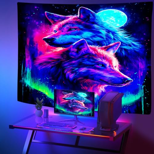 Fantasy Wolf Wandteppich 100 x 150cm – Neon Mond, Nordlichter, Tiere UV-Reaktiv Wandbehang – Schwarzlicht Leuchten im Dunkeln Party Hintergrund Tapisserie für Schlafzimmer Wohnzimmer Dekoration