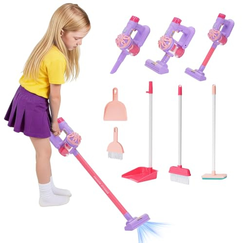 Cleaning Toys for Toddlers, Kids Pretend Play Housekeeping Set, Purple | Toddler Cleaning Set with Broom Mop Dustpan, Real Vacuum Cleaner, Montessori Learning Toys for Girls