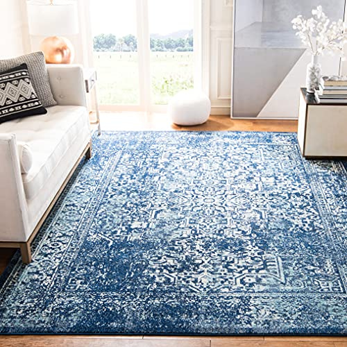 SAFAVIEH Traditionell Teppich für Wohnzimmer, Esszimmer, Schlafzimmer - Evoke Collection, Kurzer Flor, Marine und Elfenbein, 90 x 90 cm