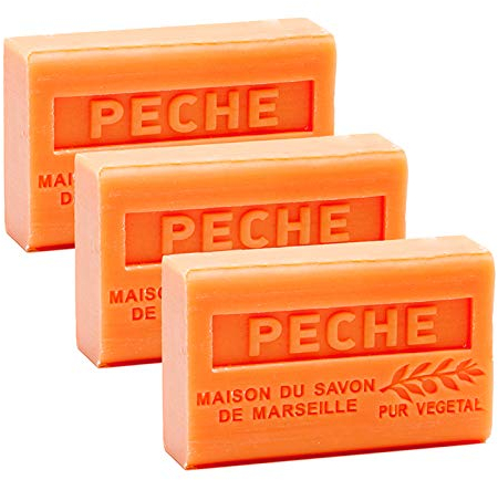 Feste Seife mit Pfirsichduft - Angereichert mit Bio-Sheabutter - Parfümierte Seife - 100% pflanzlich - Hergestellt in der Provence - Feuchtigkeitsspendend für Hände & Körper - 3 x 125 g