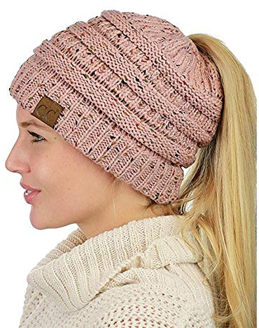 ZiXing Pferdeschwanz Mütze Damen Mädchen Winter Warme Strickmütze Beanie Cap mit Loch für Zopf Rosa OneSize
