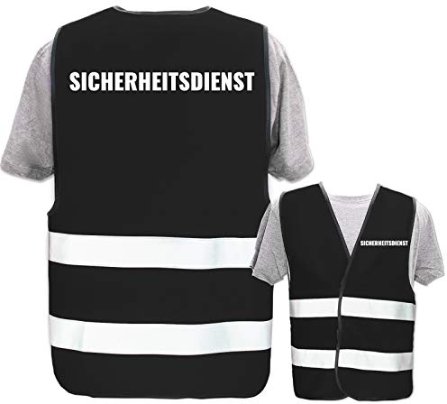 Bedruckte Warnwesten mit ISO-Leuchtstreifen * Standard- oder Reflex-Druck * Thema Sicherheit & Team, Warnweste Begriffe Security:Sicherheitsdienst, Farbe + Größe:Schwarz (M/L)