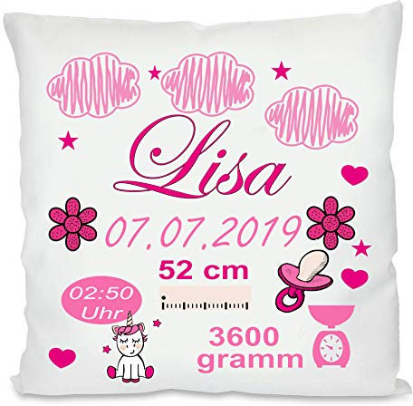 Fotokissen | Personalisiertes Kissen als Glückwunsch zur Geburt | Geschenke zur Geburt | Babygeschenk für Jungen und Mädchen (Mädchen, mit Kissenfüllung)