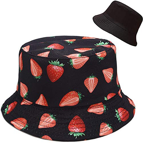XYIYI Erdbeere Schwarz Reversibel Fischerhüte Anglerhut Sonnenhut Für Damen Mädchen