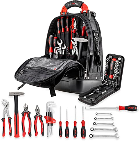 Wiha Professional tool backpack equipped 65 pieces (45154) for mechanics, tool bag, ergonomic back bed, fixed base, hanging eyelets, tool case, includes socket spanner and bit set