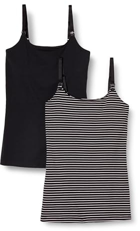 Amazon Essentials Women's Maternity Nursing Tops, Pregnancy Clothes with Adjustable Straps and Built-in Shelf Bra, Pack of 2, Black Stripe, Medium