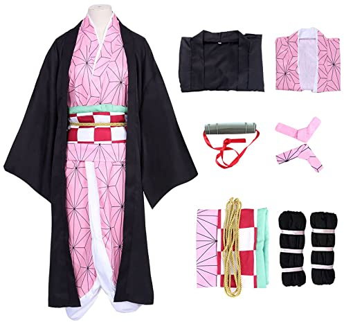 Formemory Nezuko Cosplay Kostüm Anzug Herren 8PCS Kimetsu no Yaiba Kimono Halloween Anime kostüm Damen Herren Mädchen Und Mantel (M)