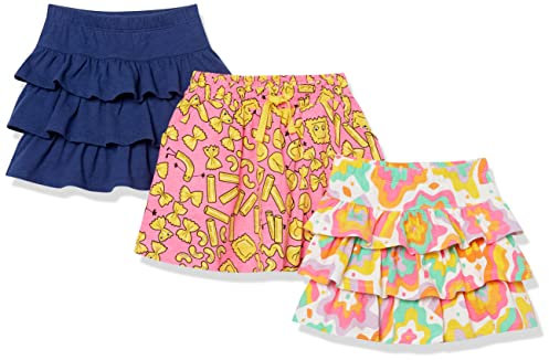 Amazon Essentials Jupe-Short à Volants en Maille (Anciennement Spotted Zebra) Fille, Lot de 3, Blanc Imprimé Arc-en-Ciel/Bleu Marine/Rose Sucreries, 8 Ans