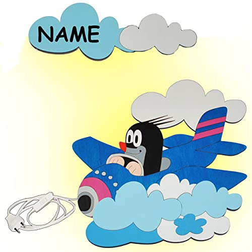 alles-meine.de GmbH 3-D Wandlampe - LED dimmbar aus Holz - der kleine Maulwurf - Pauli - im Flugzeug incl. Name - Lampe mit Schalter für Kinder - Kinderzimmer mit Stecker/Nacht..