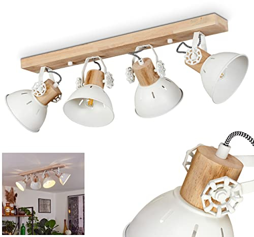 Deckenleuchte Orny, Deckenlampe im Vintage-Design aus Metall/Holz in Weiß/Natur, Retro-Leuchte mit Holzbalken, Textilkabeln und verstellbaren Strahlern, 4-flammig, 4 x E27-Fassung, ohne Leuchtmittel