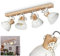 Deckenleuchte Orny, Deckenlampe im Vintage-Design aus Metall/Holz in Weiß/Natur, Retro-Leuchte mit Holzbalken, Textilkabeln und verstellbaren Strahlern, 4-flammig, 4 x E27-Fassung, ohne Leuchtmittel