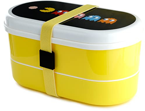 Puckator Pac-Man Stacked Bento Box - Lunch Box for Adults and Kids with Compartments and Fork & Spoon - Snack Box - Food Containers with Lids - Stackable Snack Pots for Kids - Meal Prep Container