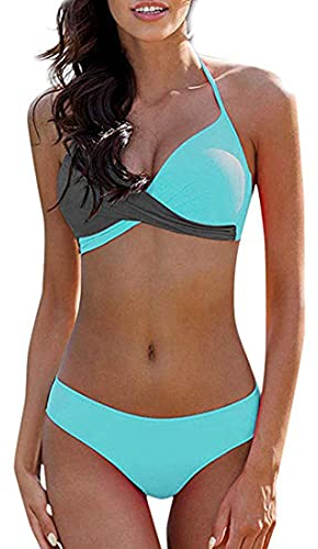 CheChury Damen Bademode Push Up Bikini Set Zweiteilige Badeanzug Strandkleidung Crossover Neckholder Triangel Oberteil Bikinihose Sexy Halter,Baby Blau,M,38-40