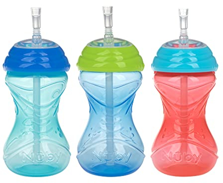 Nuby Lot de 3 gobelets anti-déversement avec paille flexible, fonction Clik It Lock pour garçon, 283,5 g