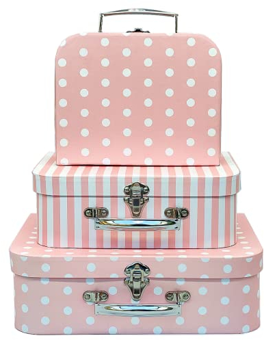 Amedoo Pappkoffer, Dekorative Aufbewahrungsboxen mit Deckel, 3er Set Nesting Geschenkboxen Rosa Aufbewahrungsbox, Weihnachten, Kinderzimmer und Neujahr Geschenk Dekoration (Rosa Punkte und Streifen)