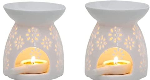 ZEEWIZZ2 PACK !BIG SIZE! 9.8 x 9.8 x 11.5 cms Wax Oil Burner White - Star Pattern, Ceramic Aroma Burners Warmer Aromatherapy Holder Candle Scented Diffuser Home wax burner.