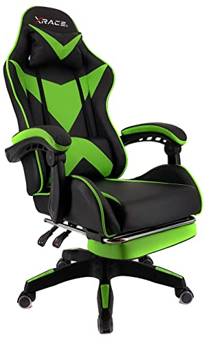 xRace Gaming Stuhl, Bürostuhl, Ergonomischer Pc Stuhl, Gaming Sessel aus Leder mit Lendenwirbelstütze, Verstellbarer Drehbarer, Task Stühle mit Fußstütze und Kopfstütze, Grün