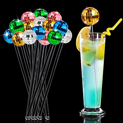15 Pcs Disco Balls Cocktail Stirrers, Round Top Crystal Swizzle Sticks Cake Pops Mirror Ball Coffee Beverage Stirrers for Home Bar Bachelorette Coffee Shop Use (Colorful)
