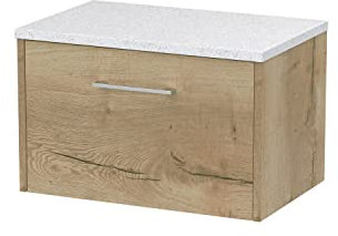 Hudson Reed JNU1822LSW Juno Modern Bathroom Wall Hung Single Drawer Vanity with White Sparkle Laminate Worktop, 600mm, Woodgrain Autumn Oak
