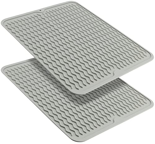 ZEONHEI 2 Stück 40x30cm Abtropfmatte aus Silikon, Große Silikon Geschirr Trockenmatte, Hitzebeständig und rutschfest Spüle Abtropfmatte für Küchenutensilien, Grau