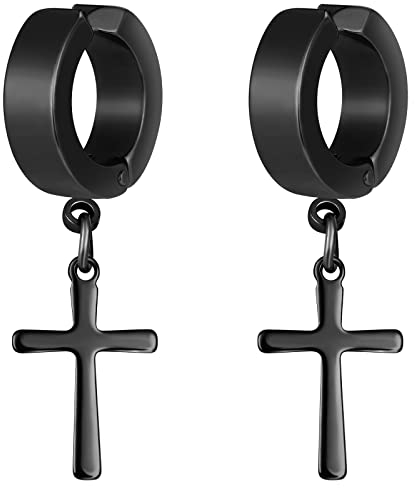 feilok Herren Ohrstecker aus Edelstahl Kreuz Creolen mit Kreuz Anhänger Tunnel Ohrringe für Damen Earrings Stud Earrings schwarz