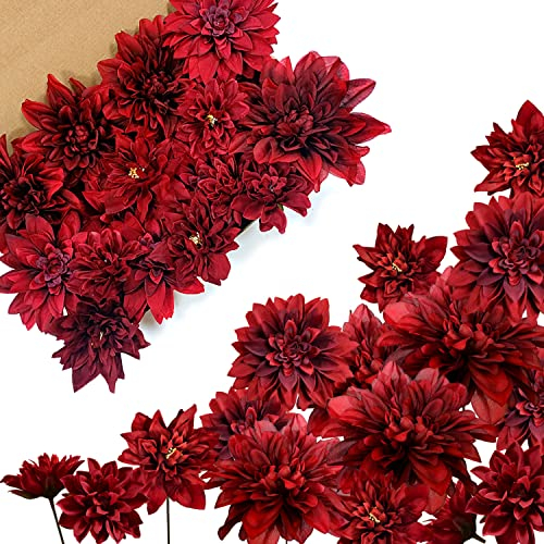 OrgMemory Künstliche Blumen, Fake Dahlien mit Stielen, Verschiedene Kunstblumen, Hochzeitsdeko Blumen Fuer Tisch, Tortendeko Hochzeit Essbar, Deko Blumen Fuer Hochzeitstorten(Burgund Dahlien)