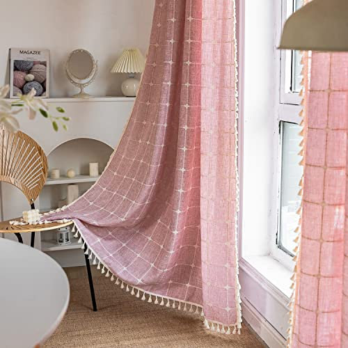 SASIGAYA Gardinen Bestickte Kariert Durchscheinend Vintage Vorhänge 240 cm Höhe Rosa Baumwolle Leine Verdunkelung Vorhang Quasten Landhausstil für Modern Schlafzimmer Wohnzimmer 2 Stück