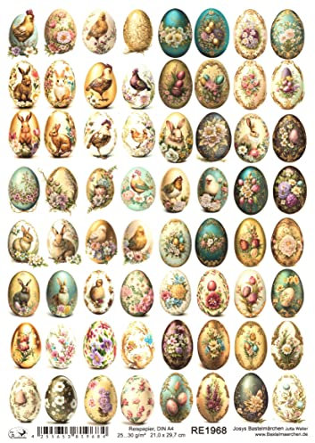 Josys Bastelmärchen Reispapier A4 Strohseide Decoupage Ostern Osterhase Eier Blumen Gold RE1968