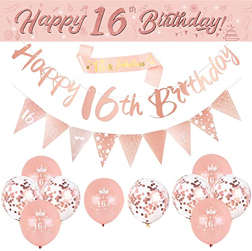 14 Pieces 16th Happy Birthday Decorations,Rose Gold 16th Birthday Party Supplies Including Happy 16th Birthday Banners Birthday Straps Triangle Flag Bunting Confetti Latex Balloons (16th Birthday)