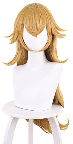 PWEINCY Lange gewellte gelbe Perücke mit Pony für Erwachsene Frauen Mädchen Pfirsich Cosplay Prinzessin Kostüm Party lockiges Haar